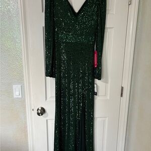 Xscape Emerald Sequin Long Sleeve Dress